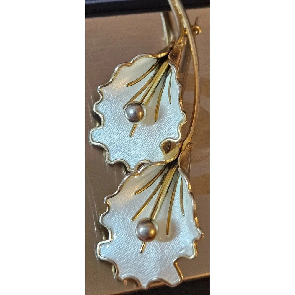 Aksel Holmsen Norway Sterling Mid-Century Vermeil Enamel Double Orchid Brooch